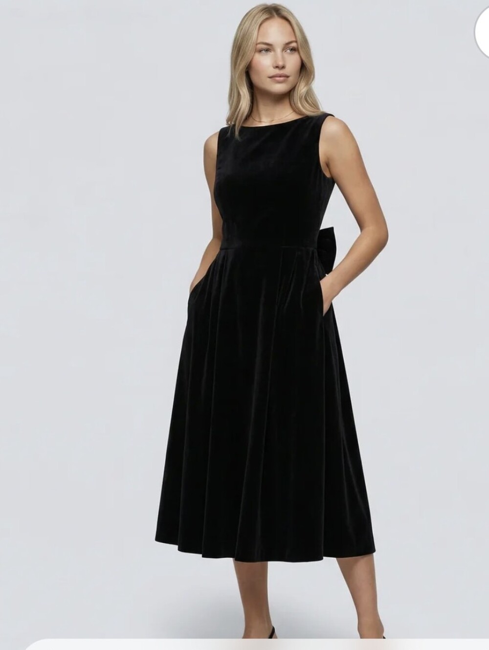 Sleeveless Black Velvet Midi Dress with Bow Back